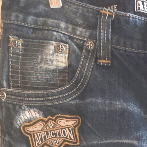 AFFLICTION Flapover BLAKE Black Premium Distressed Patches Y2k Denim Jeans 36 EC - Picture 16 of 16
